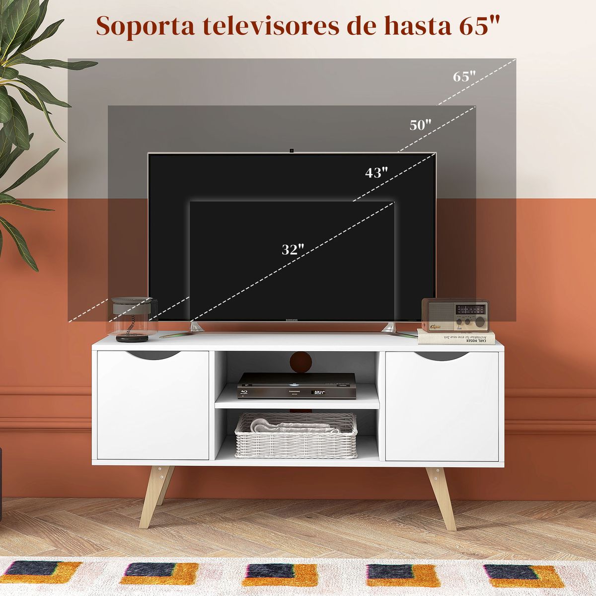 Mueble de TV Foster Homcom 2 puertas + 2 estantes blanco 50x110x39 cm posterior