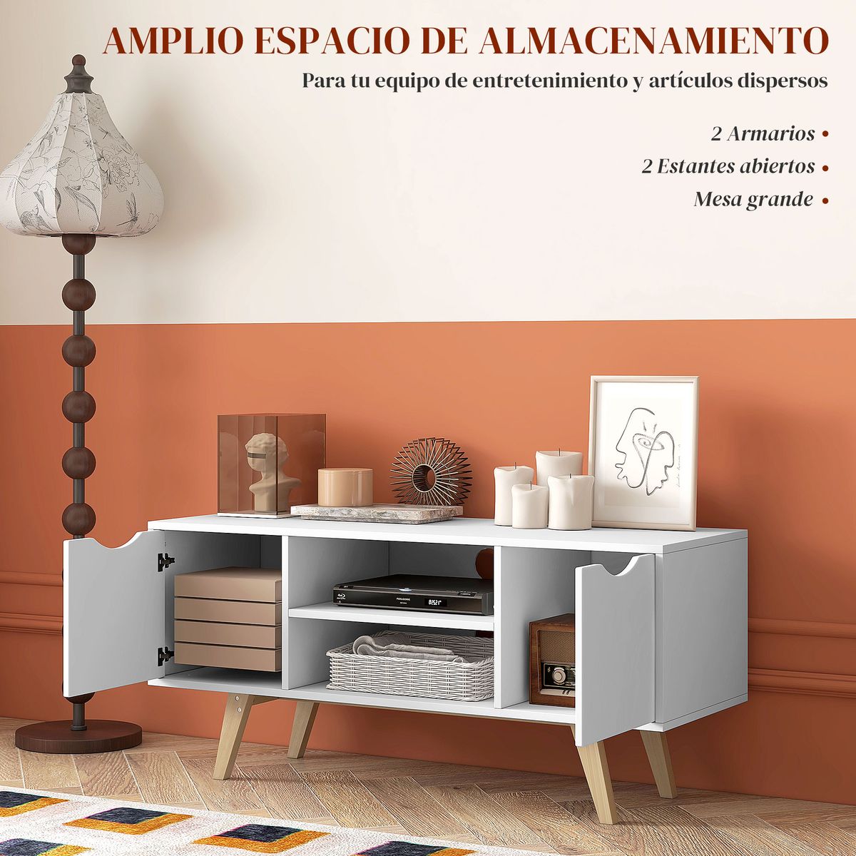 Mueble de TV Foster Homcom 2 puertas + 2 estantes blanco 50x110x39 cm interior