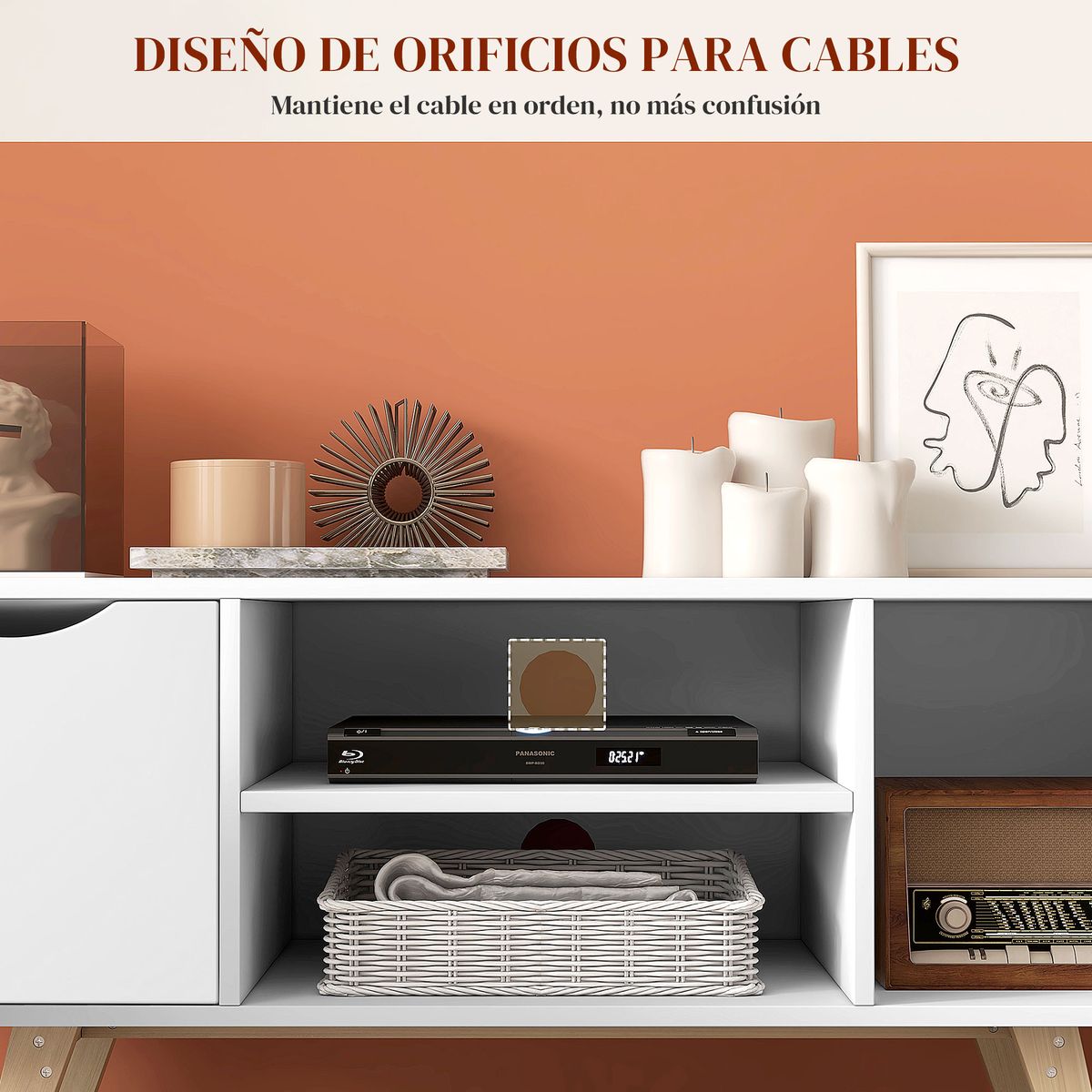 Mueble de TV Foster Homcom 2 puertas + 2 estantes blanco 50x110x39 cm interior cajones