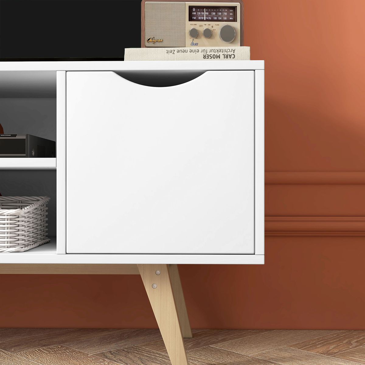 Mueble de TV Foster Homcom 2 puertas + 2 estantes blanco 50x110x39 cm detalle