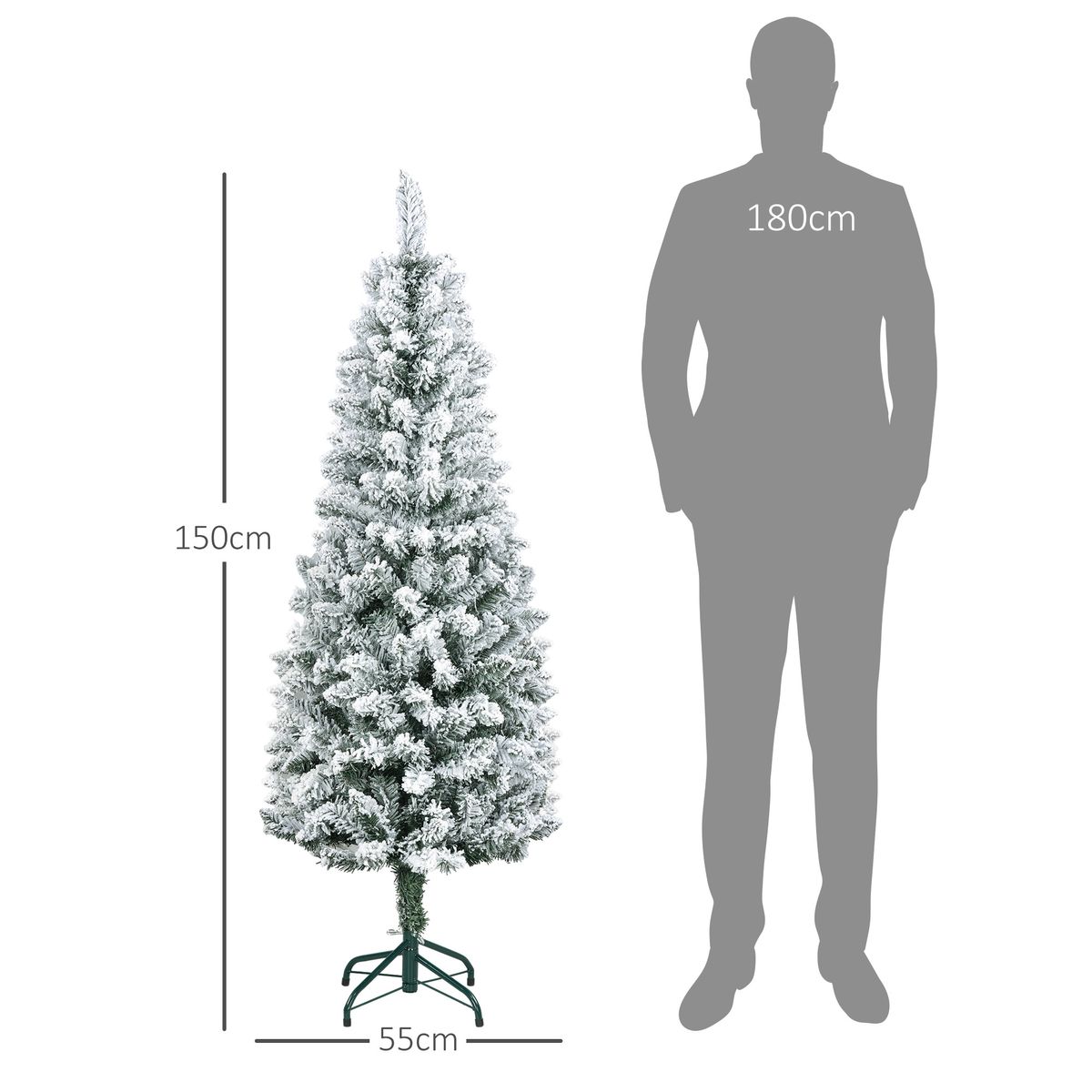 Árbol de Navidad Homcom 317 ramas efecto nevado verde Ø55x150 cm medidas