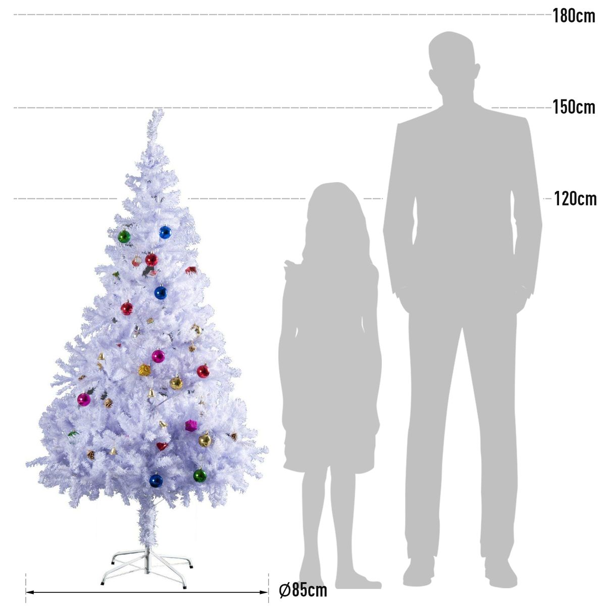 Árbol de Navidad Homcom 680 ramas 48 decoraciones blanco Ø85x150 cm medidas