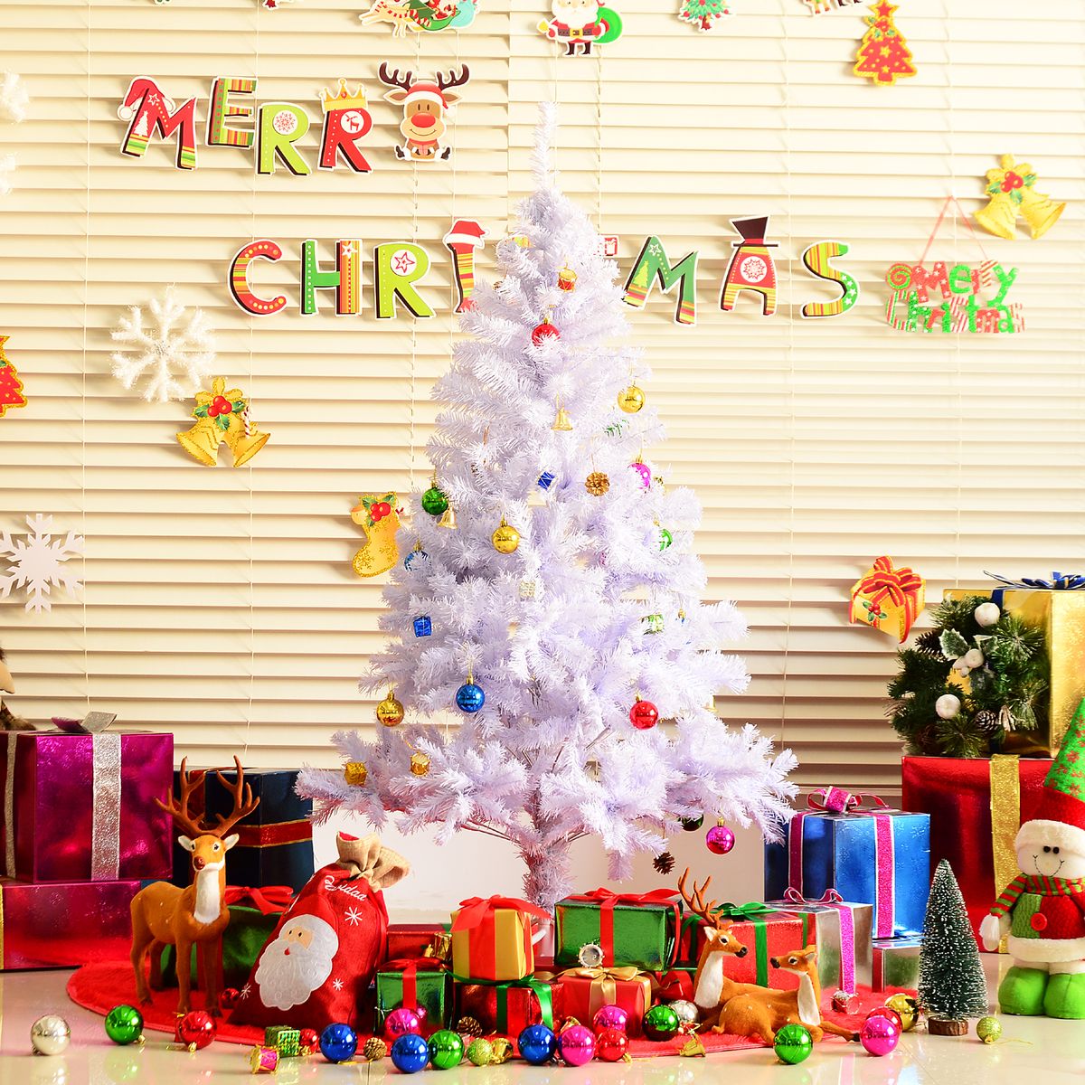 Árbol de Navidad Homcom 680 ramas 48 decoraciones blanco Ø85x150 cm animada dos