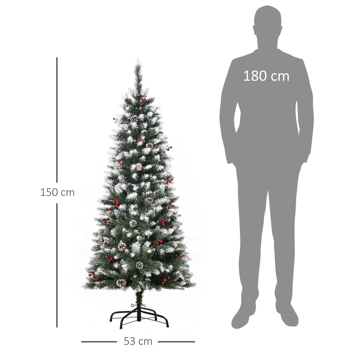Árbol de Navidad Homcom 408 ramas efecto nevado con decoraciones verde Ø53x150 cm medidas