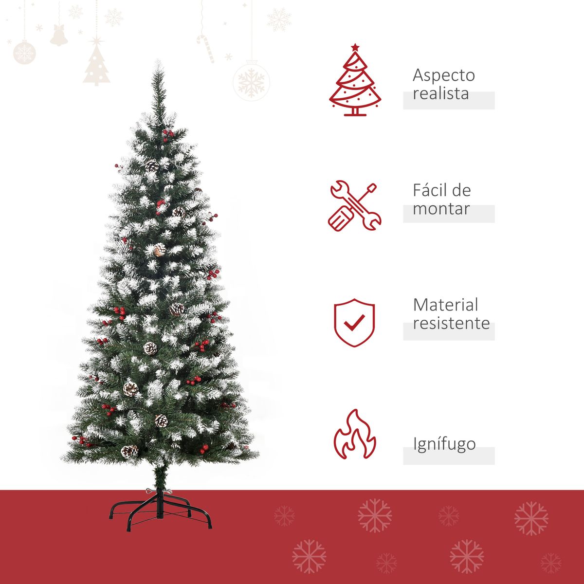 Árbol de Navidad Homcom 408 ramas efecto nevado con decoraciones verde Ø53x150 cm detalles