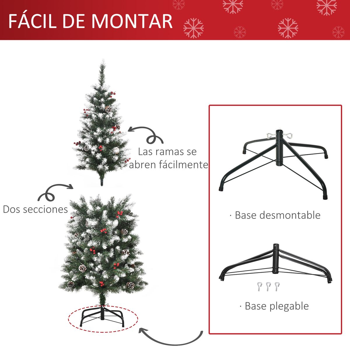 Árbol de Navidad Homcom 408 ramas efecto nevado con decoraciones verde Ø53x150 cm base
