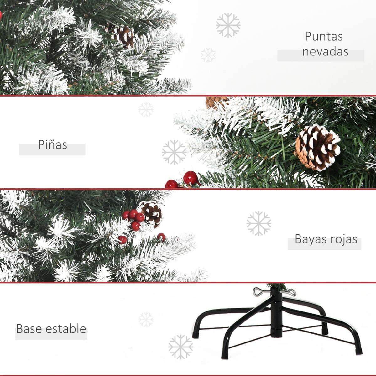Árbol de Navidad Homcom 408 ramas efecto nevado con decoraciones verde Ø53x150 cm detalle