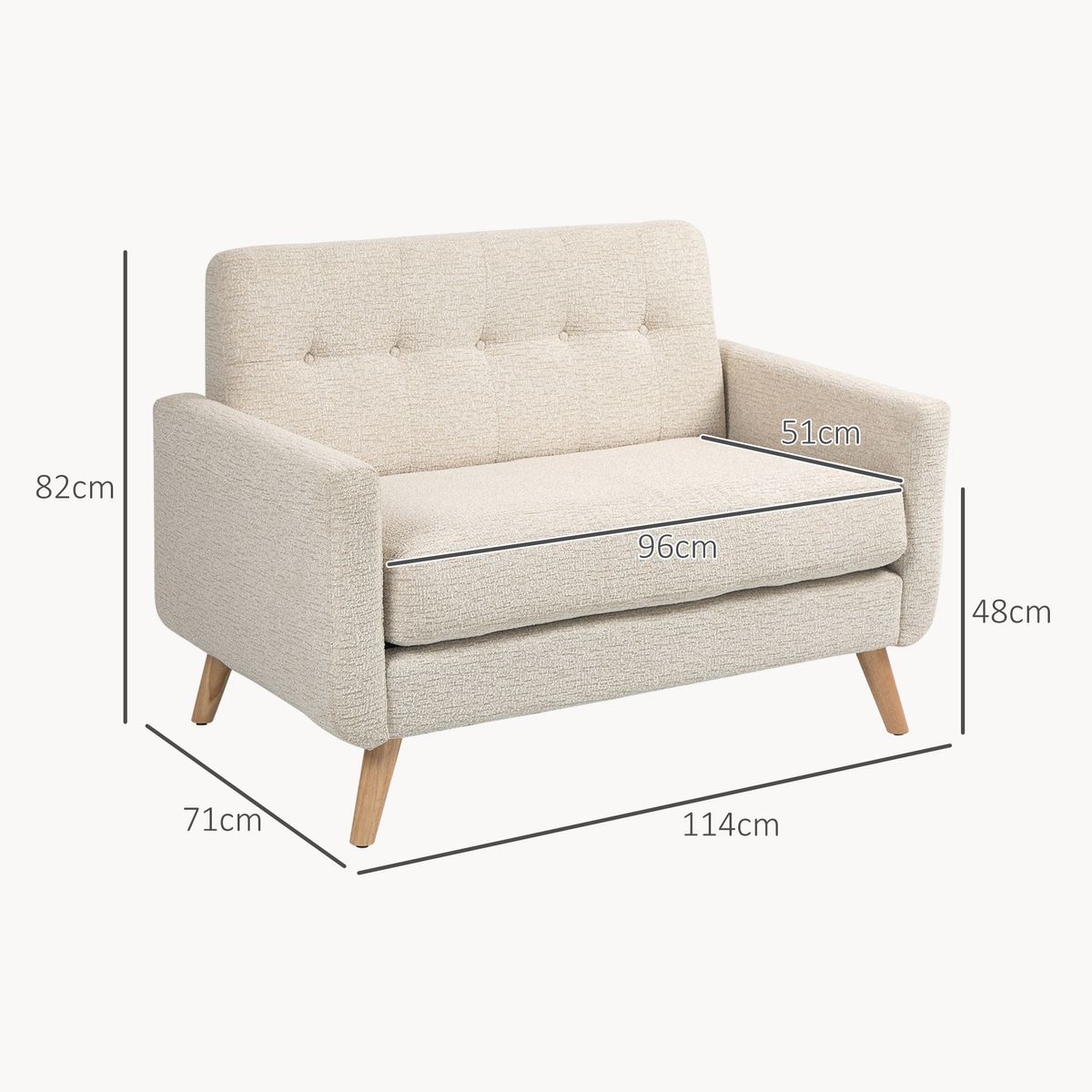 Sofá Mika Homcom 2 plazas reposabrazos beige 82x114x71 cm medidas