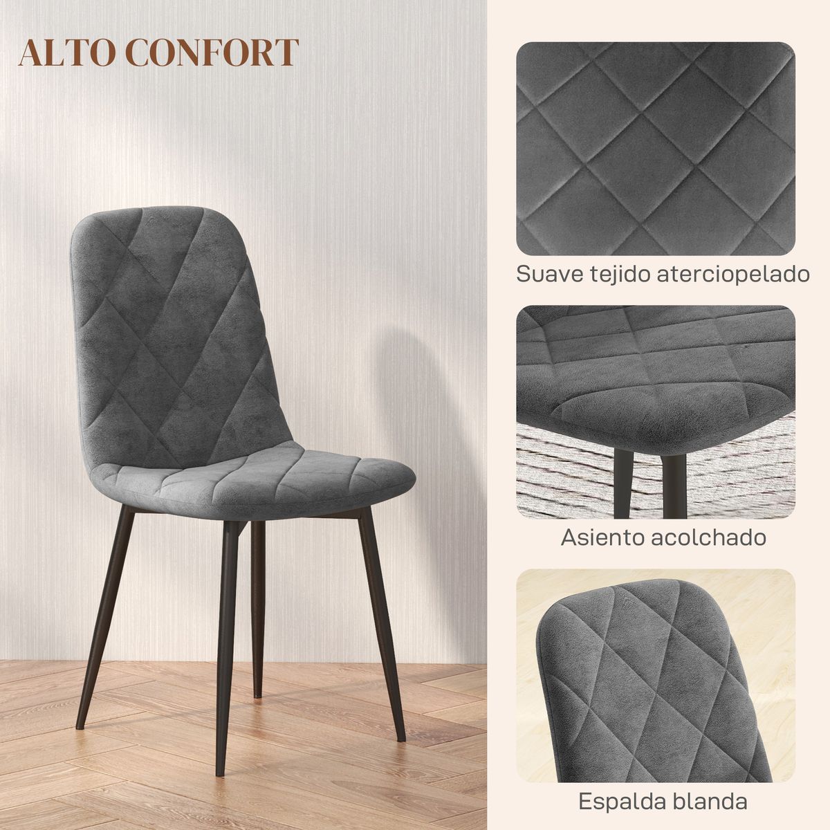Pack de 4 sillas Egipto Homcom tapizadas terciopelo gris 87x45x54 cm