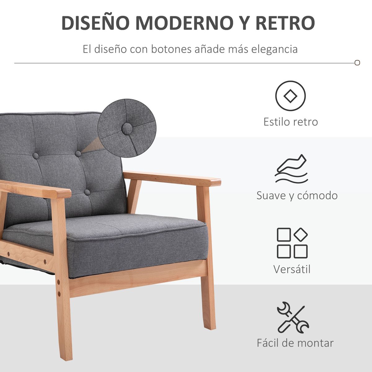 Butaca Yale Homcom con reposabrazos gris/natural 78x65x69 cm detalles