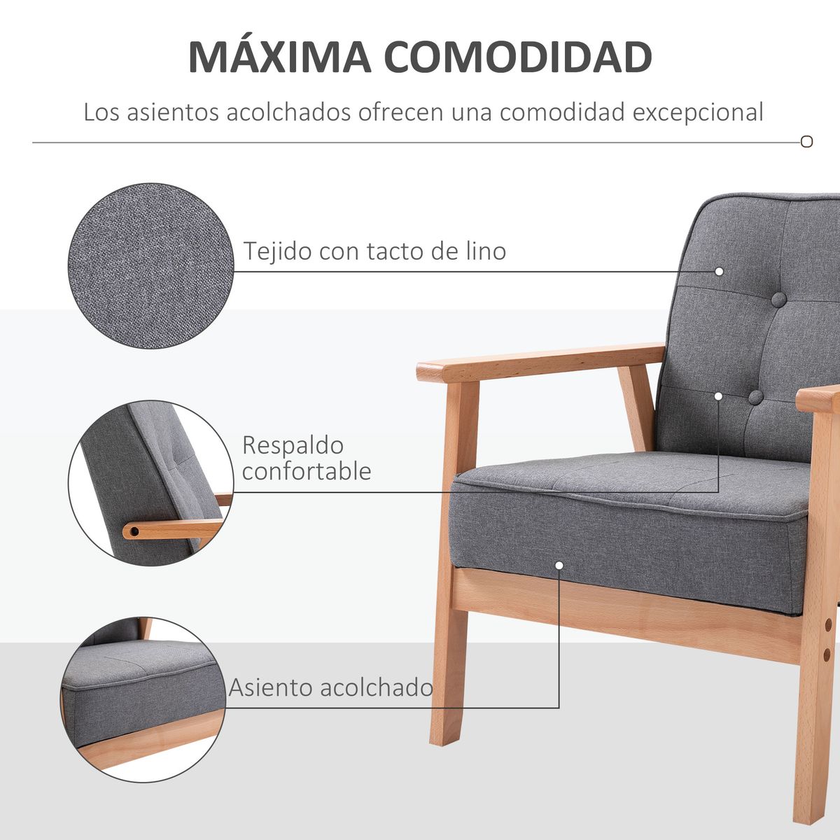 Butaca Yale Homcom con reposabrazos gris/natural 78x65x69 cm detalle