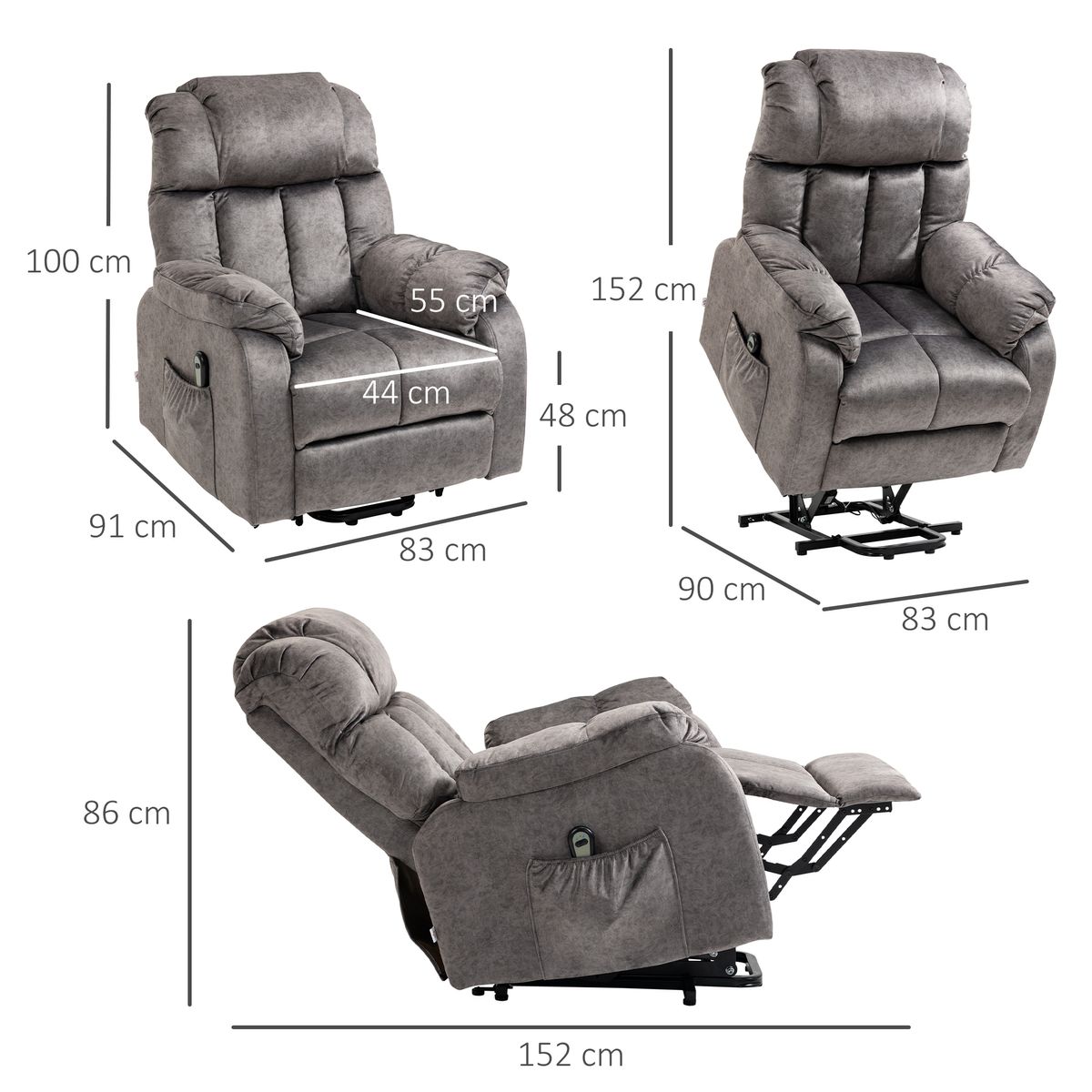 Sillón levanta personas Remo Homcom reclinable y reposapiés gris 100x83x91 cm medidas