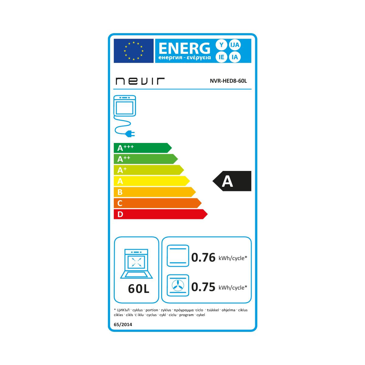 Horno eléctrico Nevir NVR-HED8-60L 2400W 60L A inox 59,5 cm clase energetica