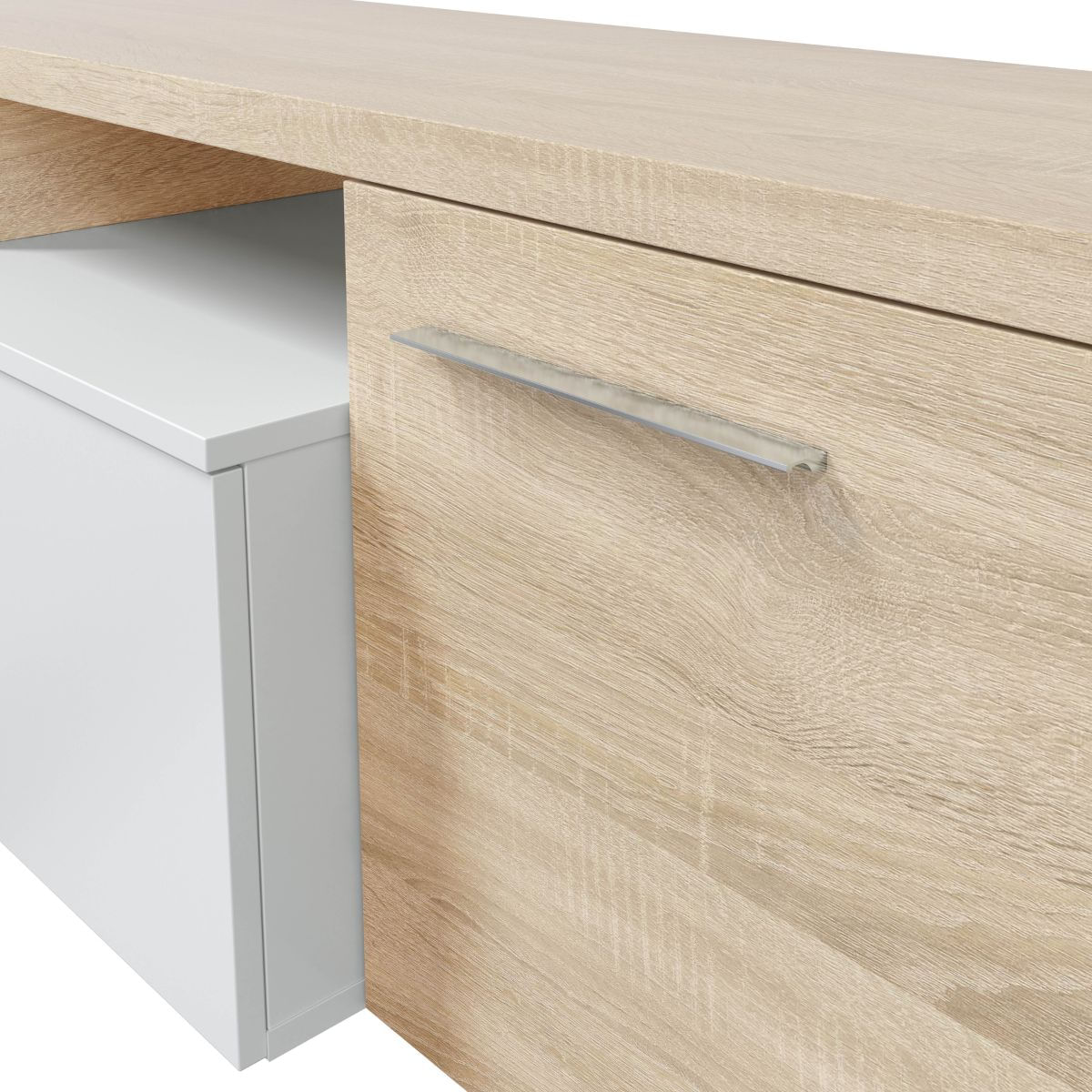 Composición de salón Nexus mueble de TV + módulo flotante roble/blanco brillo detalle
