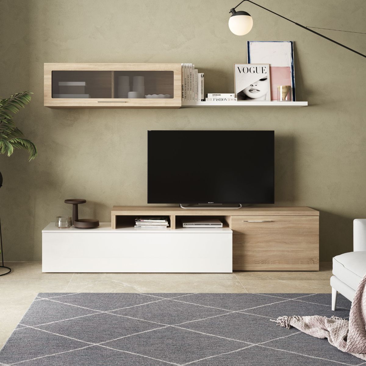 Composición de salón Nexus mueble de TV + módulo flotante roble/blanco brillo animada