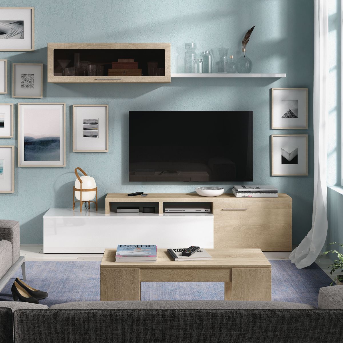 Composición de salón Nexus mueble de TV + módulo flotante roble/blanco brillo animada