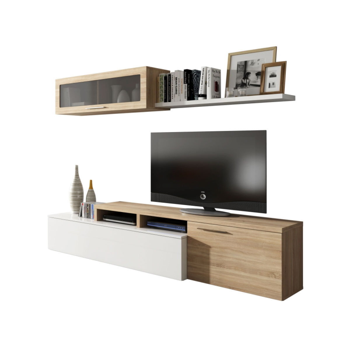 Composición de salón Nexus mueble de TV + módulo flotante roble/blanco brillo  fondo blanco mueble