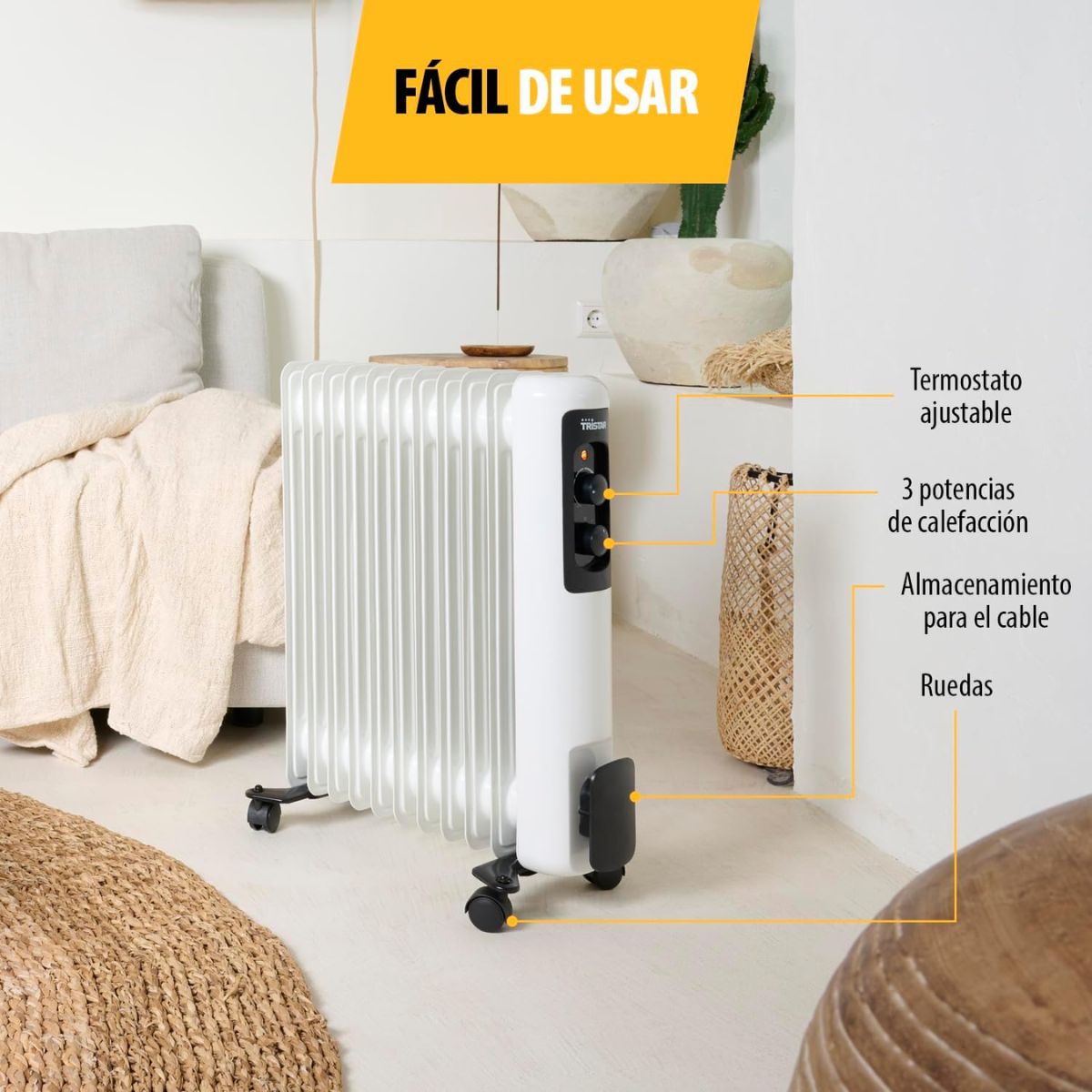 Radiador de aceite Tristar KA-5181 2000W 11 elementos con ruedas blanco 60x23x51 cm detalles
