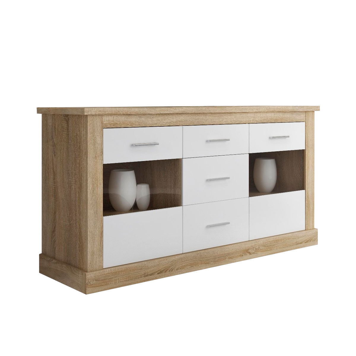 Aparador Chellen 5 cajones + 2 puertas de cristal cambria/blanco 88,1x170x49,8 cm fondo blanco