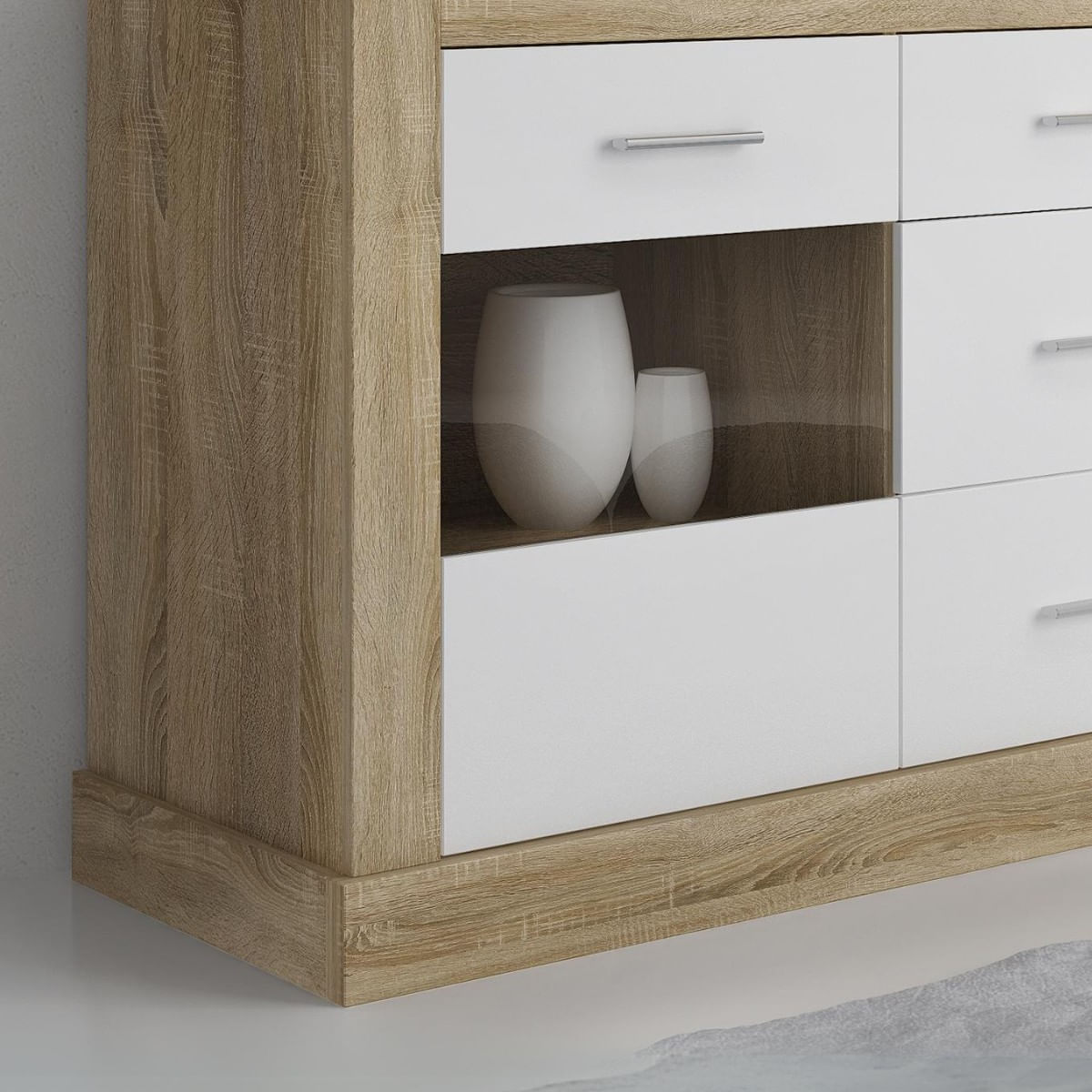 Aparador Chellen 5 cajones + 2 puertas de cristal cambria/blanco 88,1x170x49,8 cm detalle
