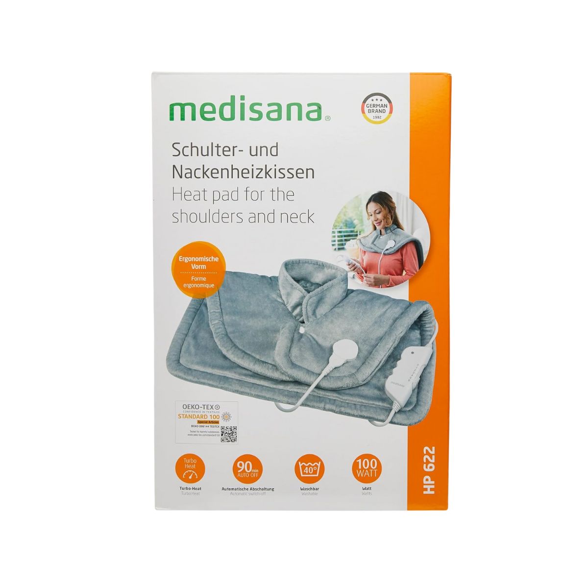 Almohadilla eléctrica Medisana HP622 hombro y cuello gris caja