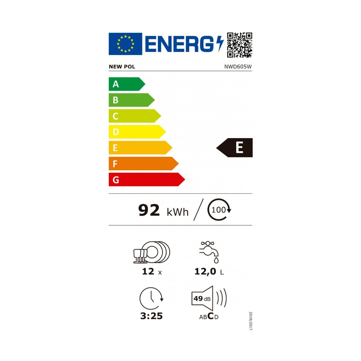 Lavavajillas New Pol NWD605W 12 cubiertos 5 programas E blanco 59,8 cm etiqueta