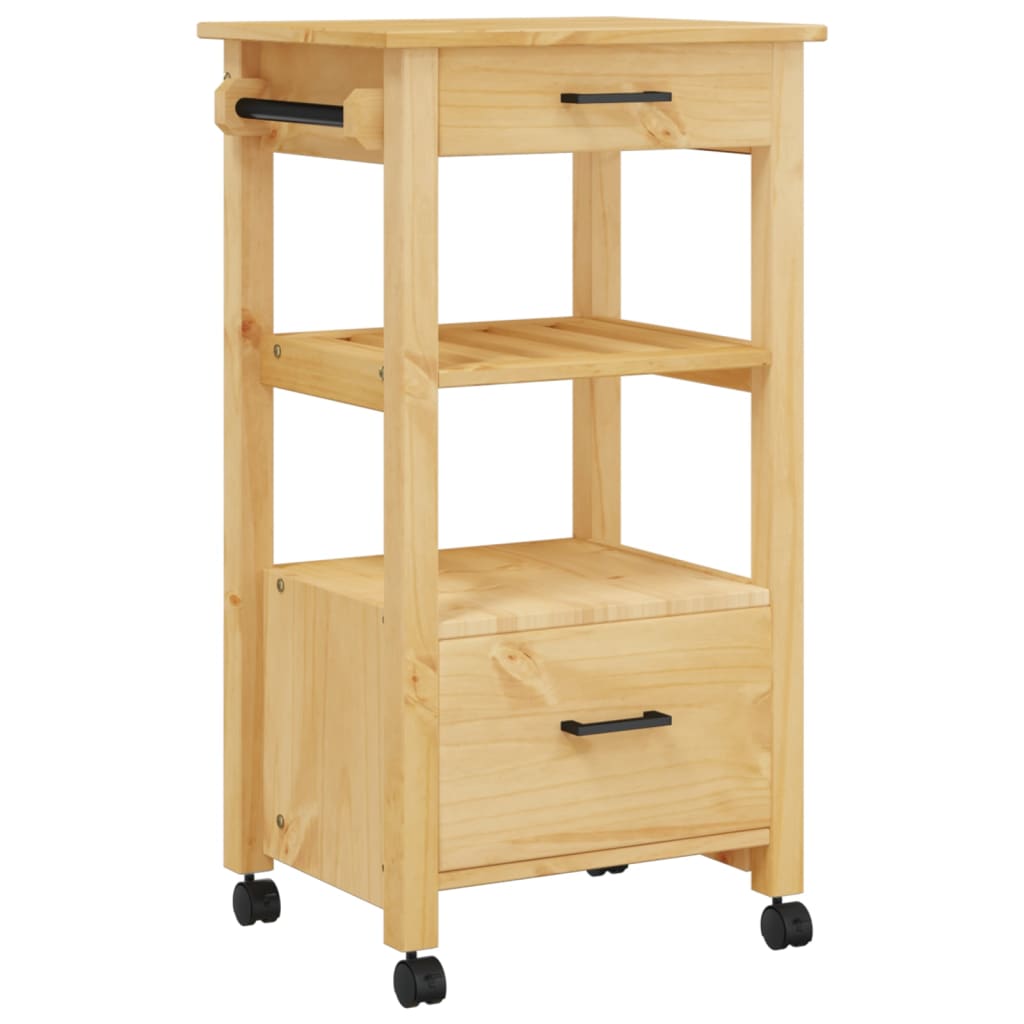 Carrito auxiliar Monza 2 cajones + 2 compartimentos madera de pino marrón 90x48x40 cm fondo blanco