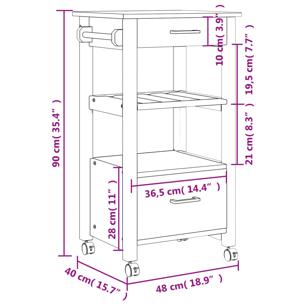 Carrito auxiliar Monza 2 cajones + 2 compartimentos madera de pino marrón 90x48x40 cm medids