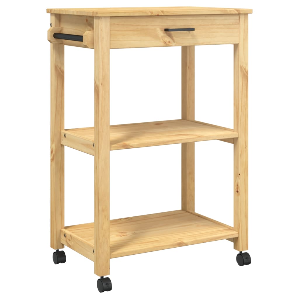 Carrito auxiliar Monza con cajón + 2 compartimentos madera de pino natural 90x60x40 cm fondo blanco