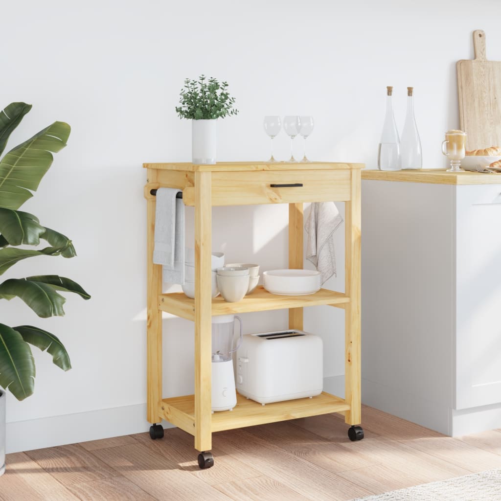 Carrito auxiliar Monza con cajón + 2 compartimentos madera de pino natural 90x60x40 cm animada