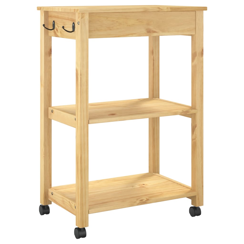 Carrito auxiliar Monza con cajón + 2 compartimentos madera de pino natural 90x60x40 cm posterior