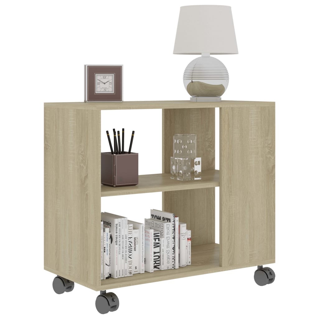 Mesa auxiliar Thina 2 compartimentos con ruedas roble claro 55x70x35 cm detalle