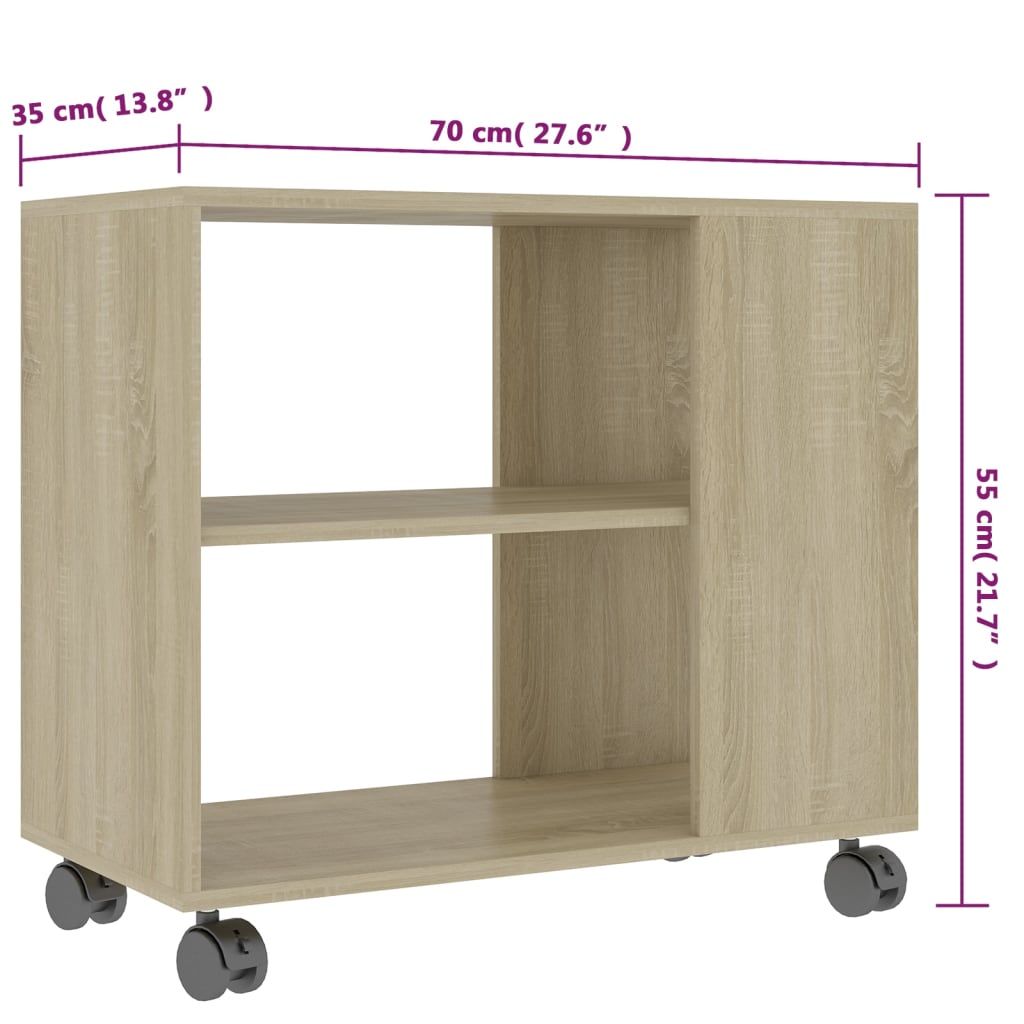 Mesa auxiliar Thina 2 compartimentos con ruedas roble claro 55x70x35 cm medidas