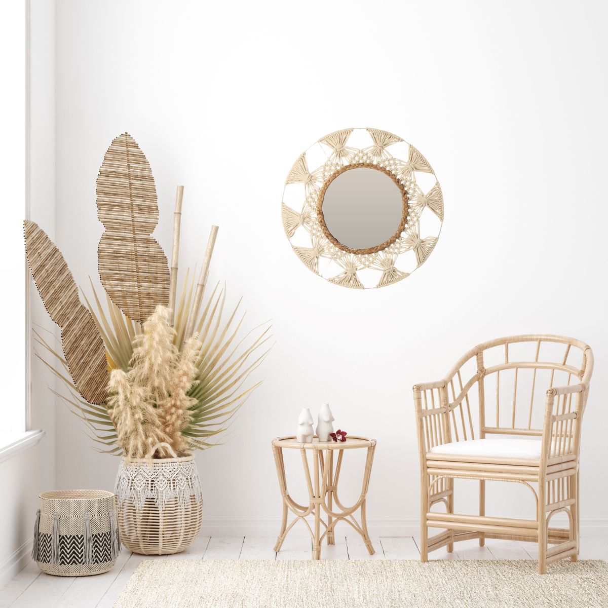 Espejo de pared boho redondo con cuerda natural Ø45 cm animada