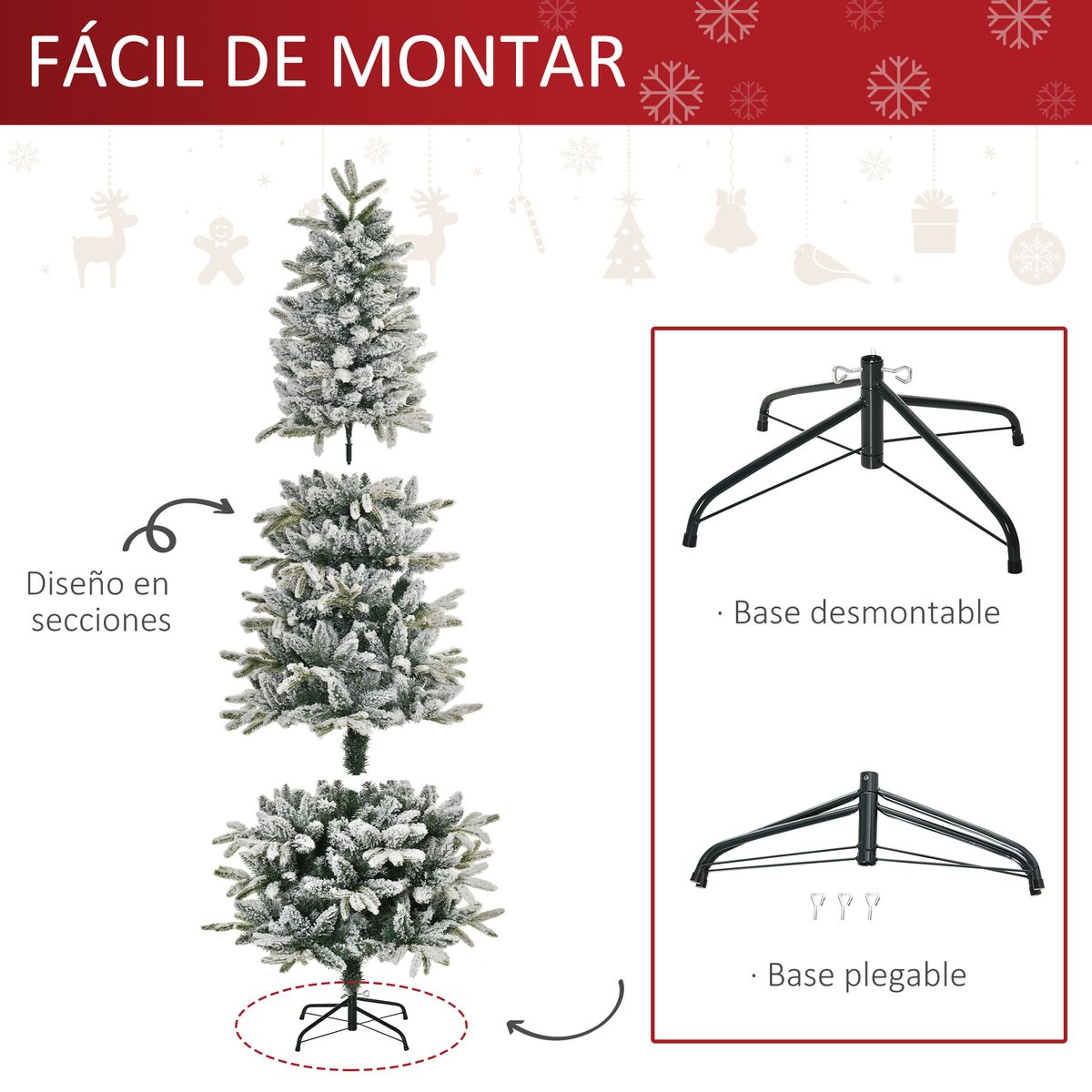 Árbol de Navidad Homcom 784 ramas efecto nevado verde/blanco Ø95x210 cm estructura modular