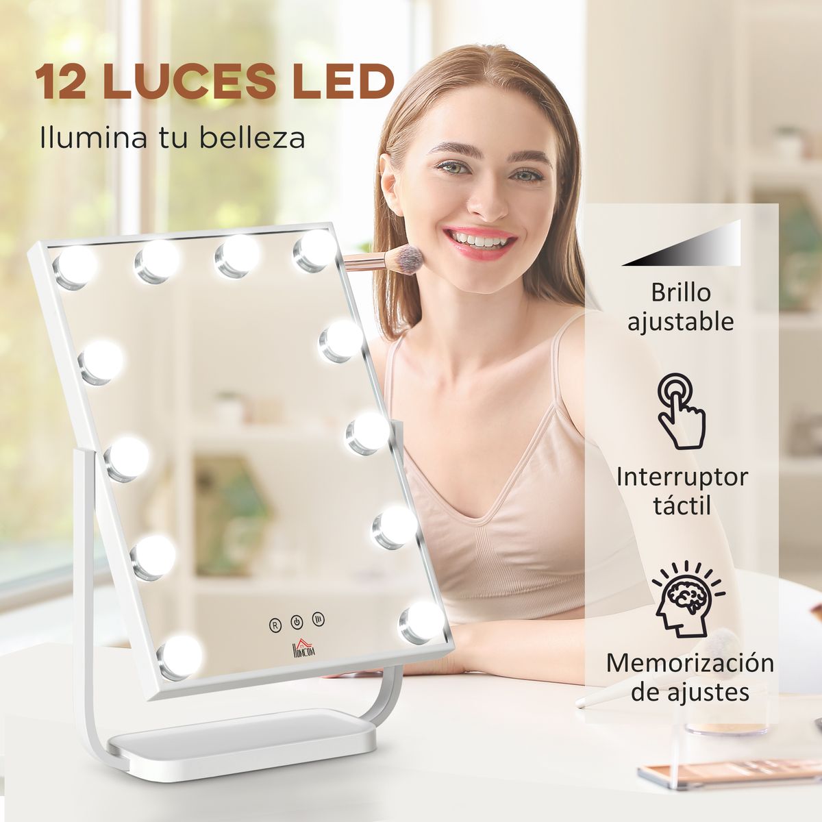 Espejo Lokin Homcom 3 modos 12 LEDs blanco 47,4x32,8x11 cm