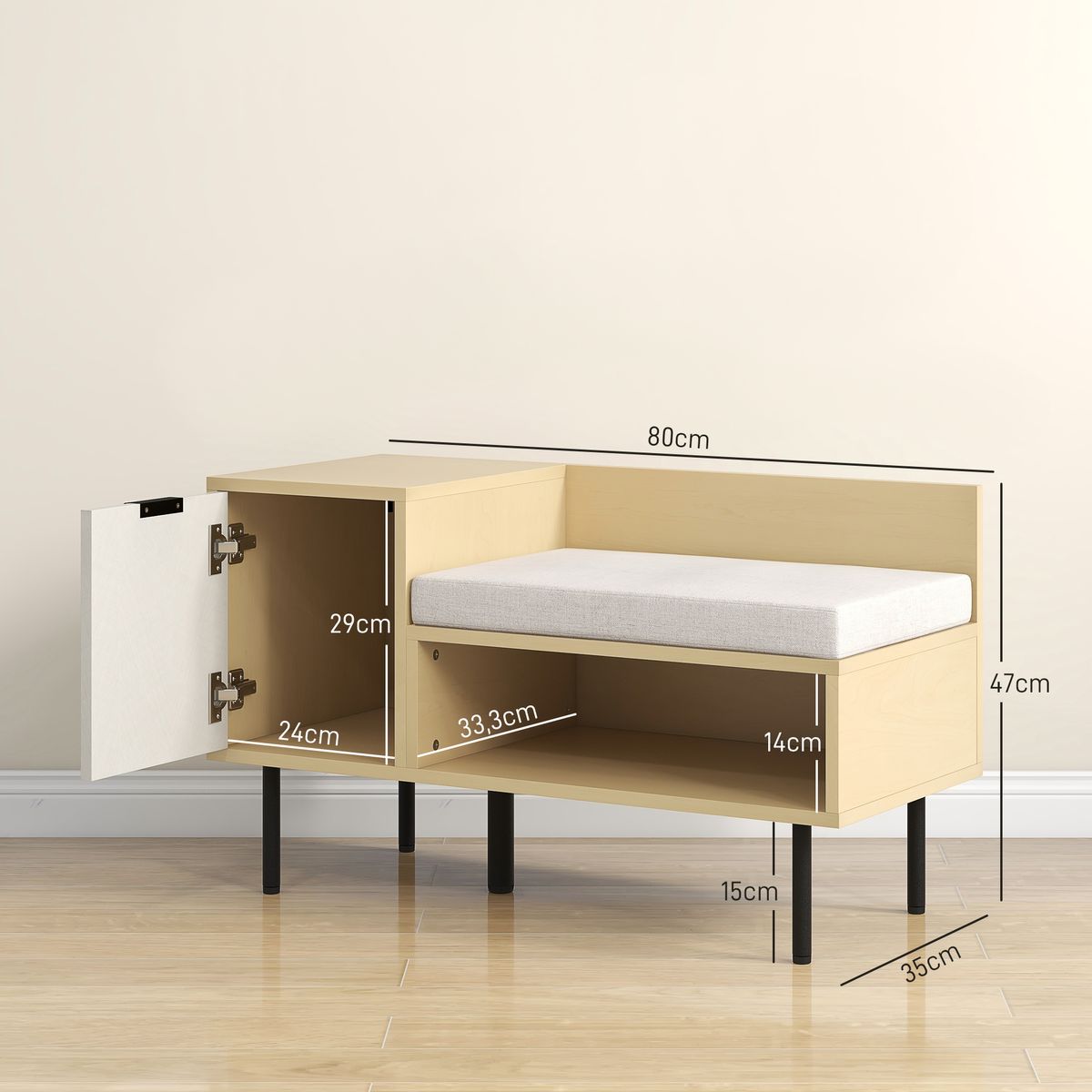 Banco zapatero Tokio Homcom con puerta + compartimento + cojín natural 47x80x35 cm medidas