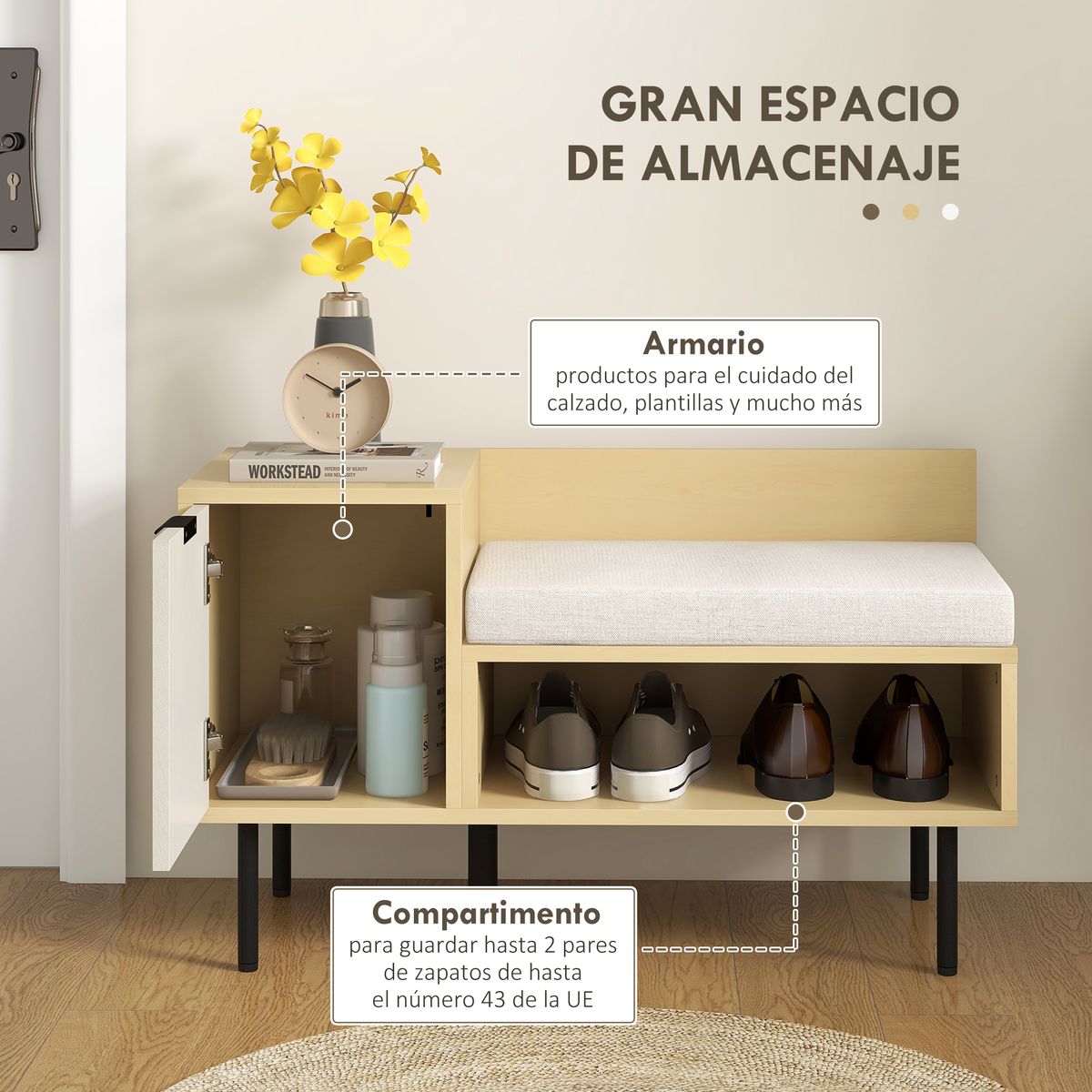 Banco zapatero Tokio Homcom con puerta + compartimento + cojín natural 47x80x35 cm