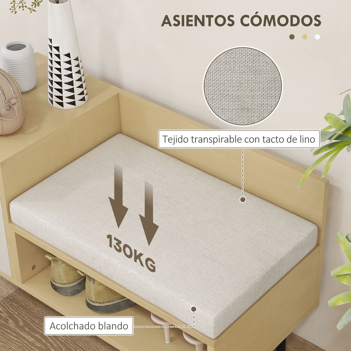 Banco zapatero Tokio Homcom con puerta + compartimento + cojín natural 47x80x35 cm