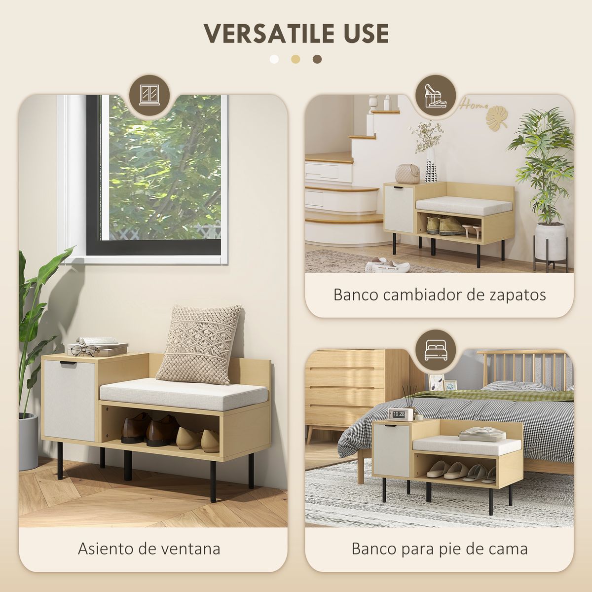 Banco zapatero Tokio Homcom con puerta + compartimento + cojín natural 47x80x35 cm