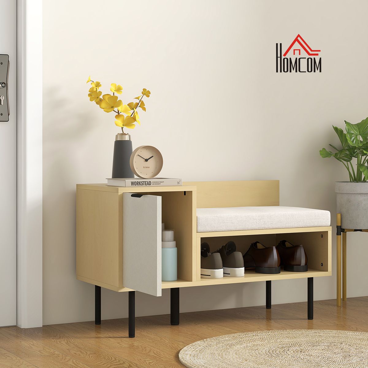 Banco zapatero Tokio Homcom con puerta + compartimento + cojín natural 47x80x35 cm