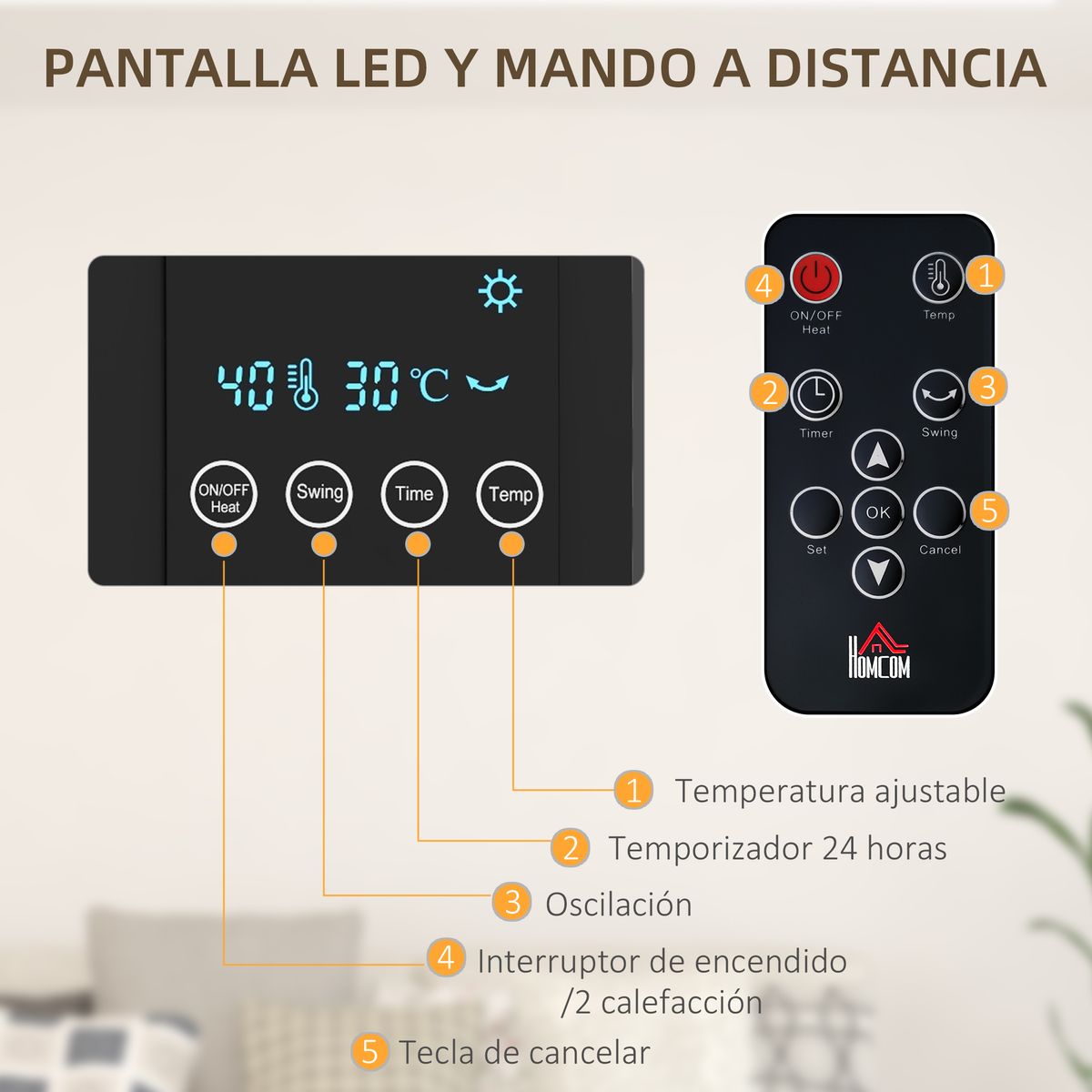 Calefactor eléctrico Homcom 2000W pantalla LED con mando a distancia negro