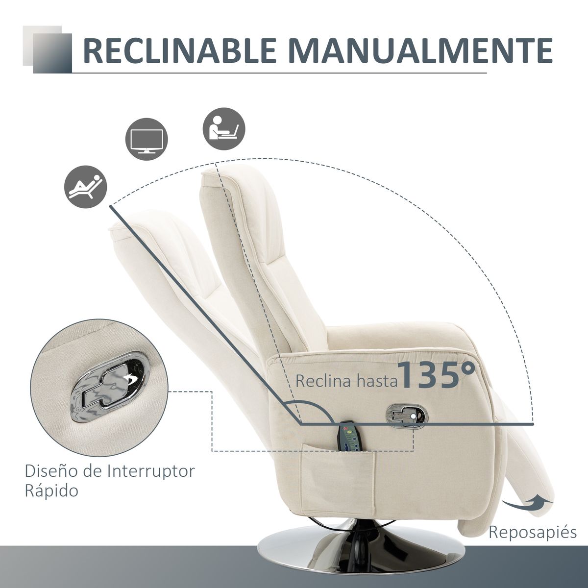 Sillón de masaje Urano Homcom 10 puntos de masaje + reposapiés crema 110x84x68,5 cm
