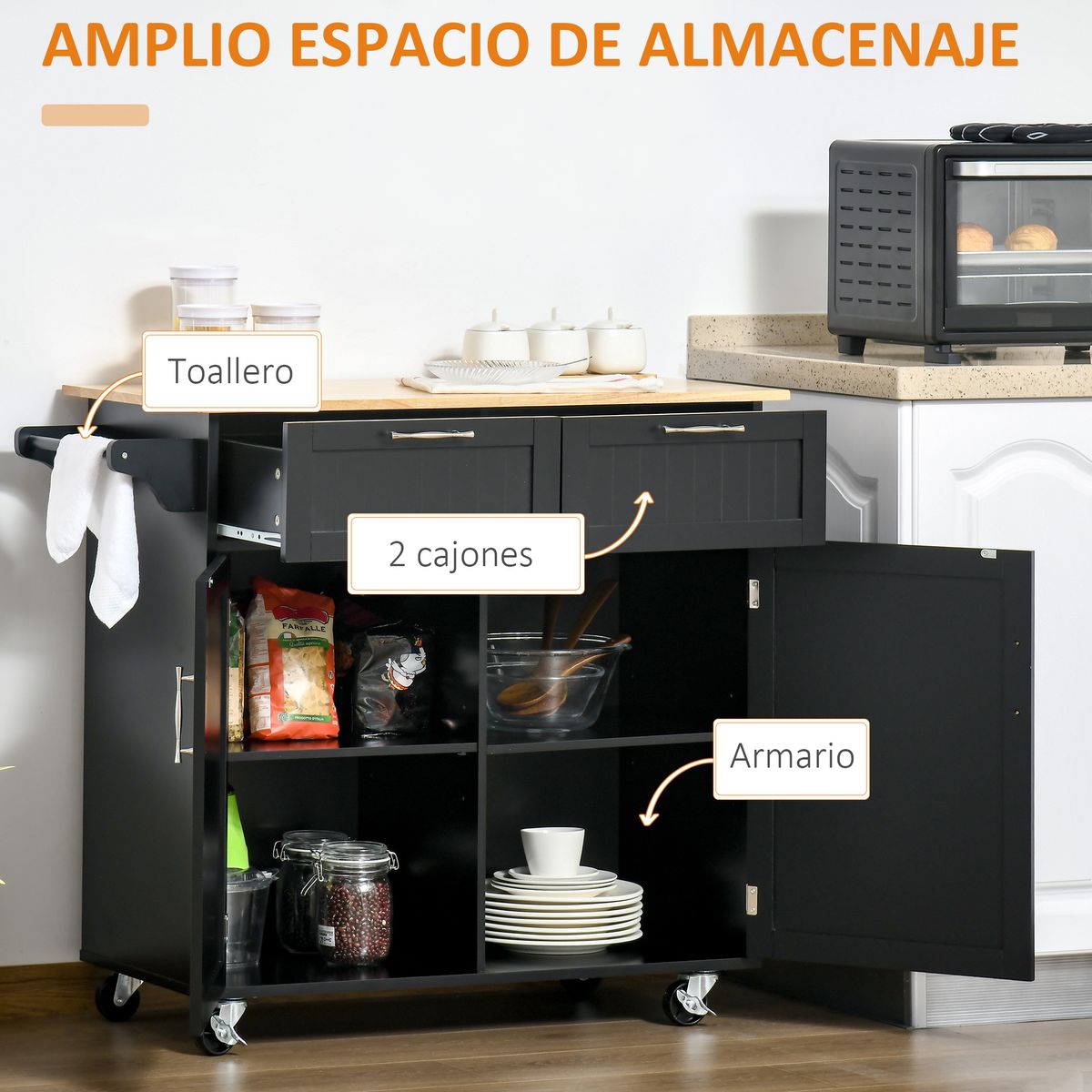 Carrito auxiliar Sil Homcom con 2 cajones y 2 baldas ajustables negro 91x46x104 cm