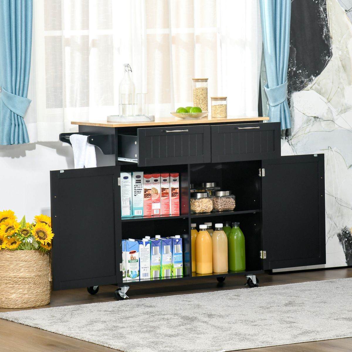 Carrito auxiliar Sil Homcom con 2 cajones y 2 baldas ajustables negro 91x46x104 cm