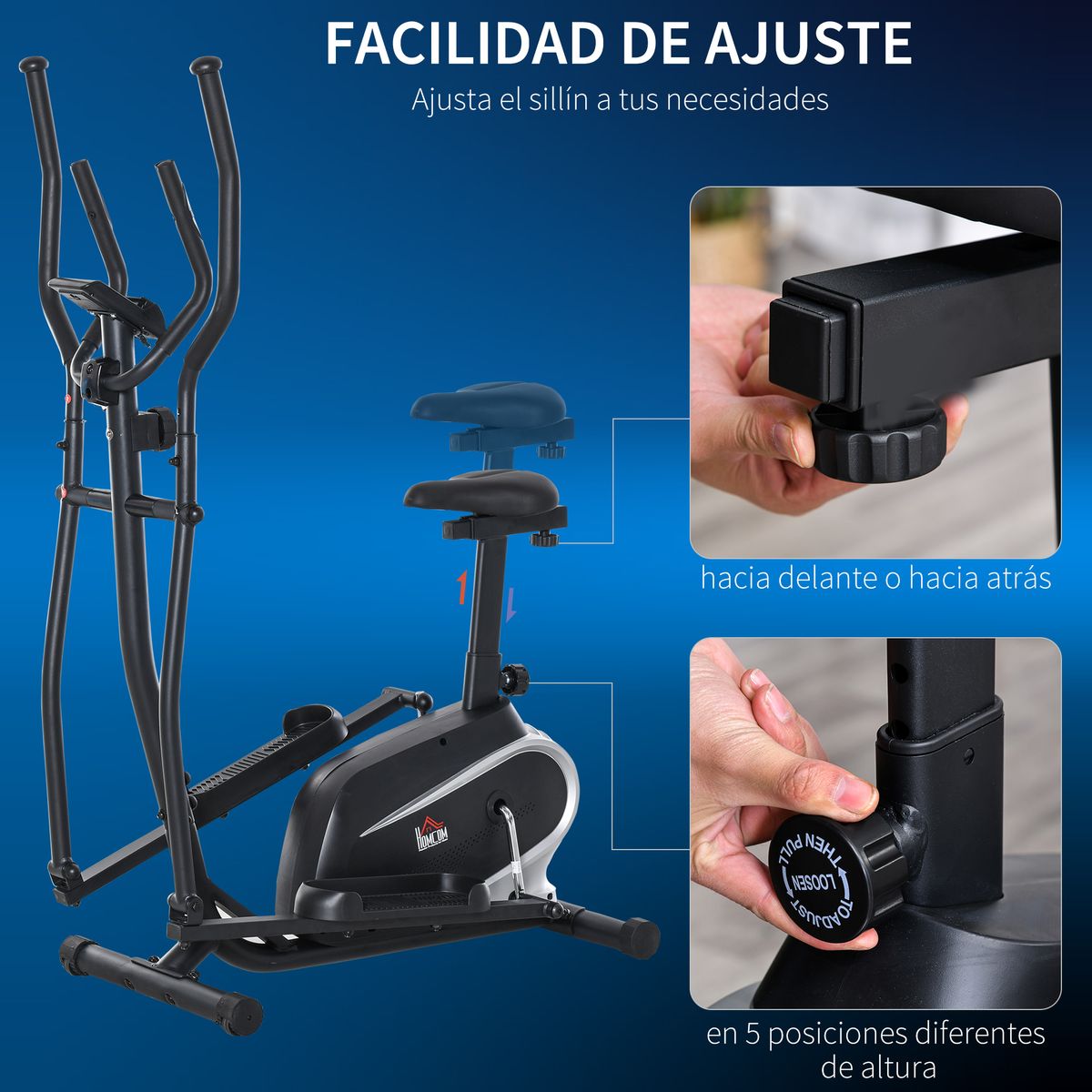 Elíptica Homcom 8 resistencias con sillín regulable negro 151x103x62 cm