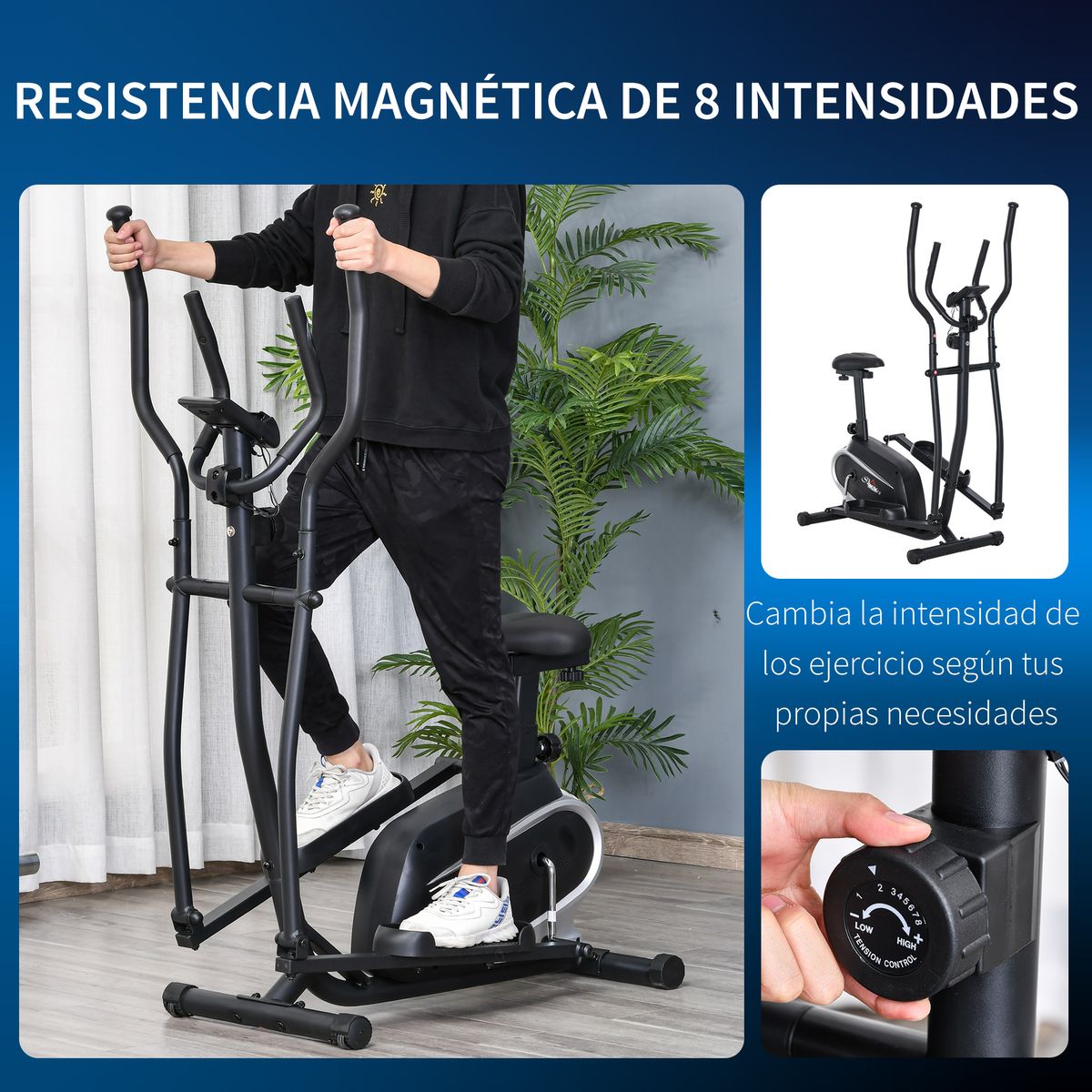 Elíptica Homcom 8 resistencias con sillín regulable negro 151x103x62 cm