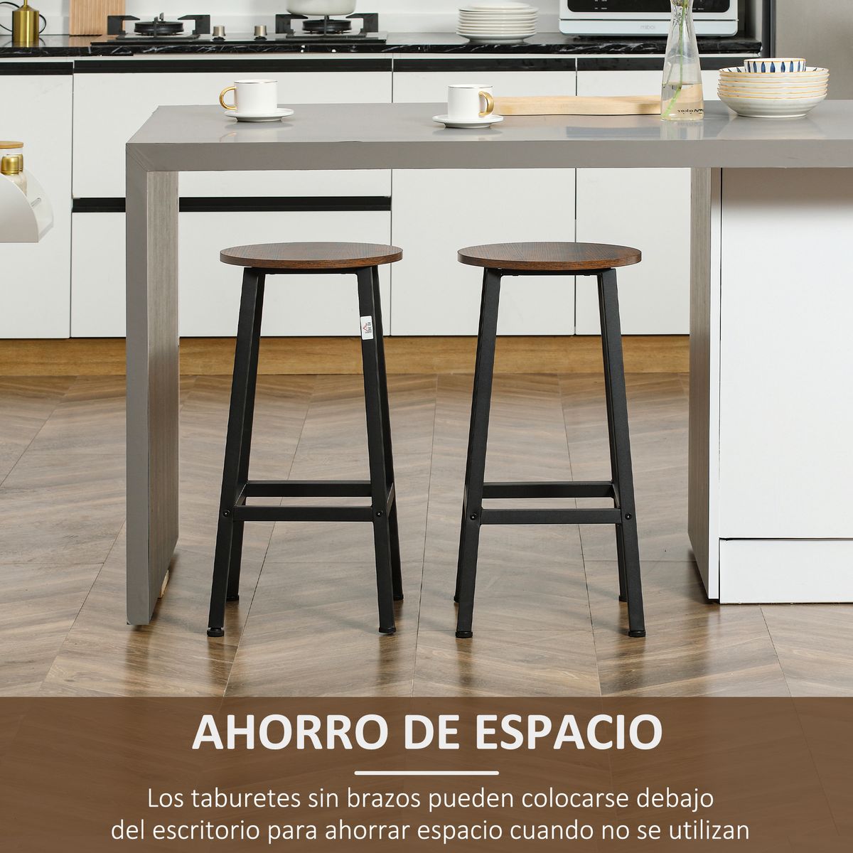 Pack de 2 taburetes altos Homcom Tauro melamina y acero marrón rústico 65x32,5x32,5 cm