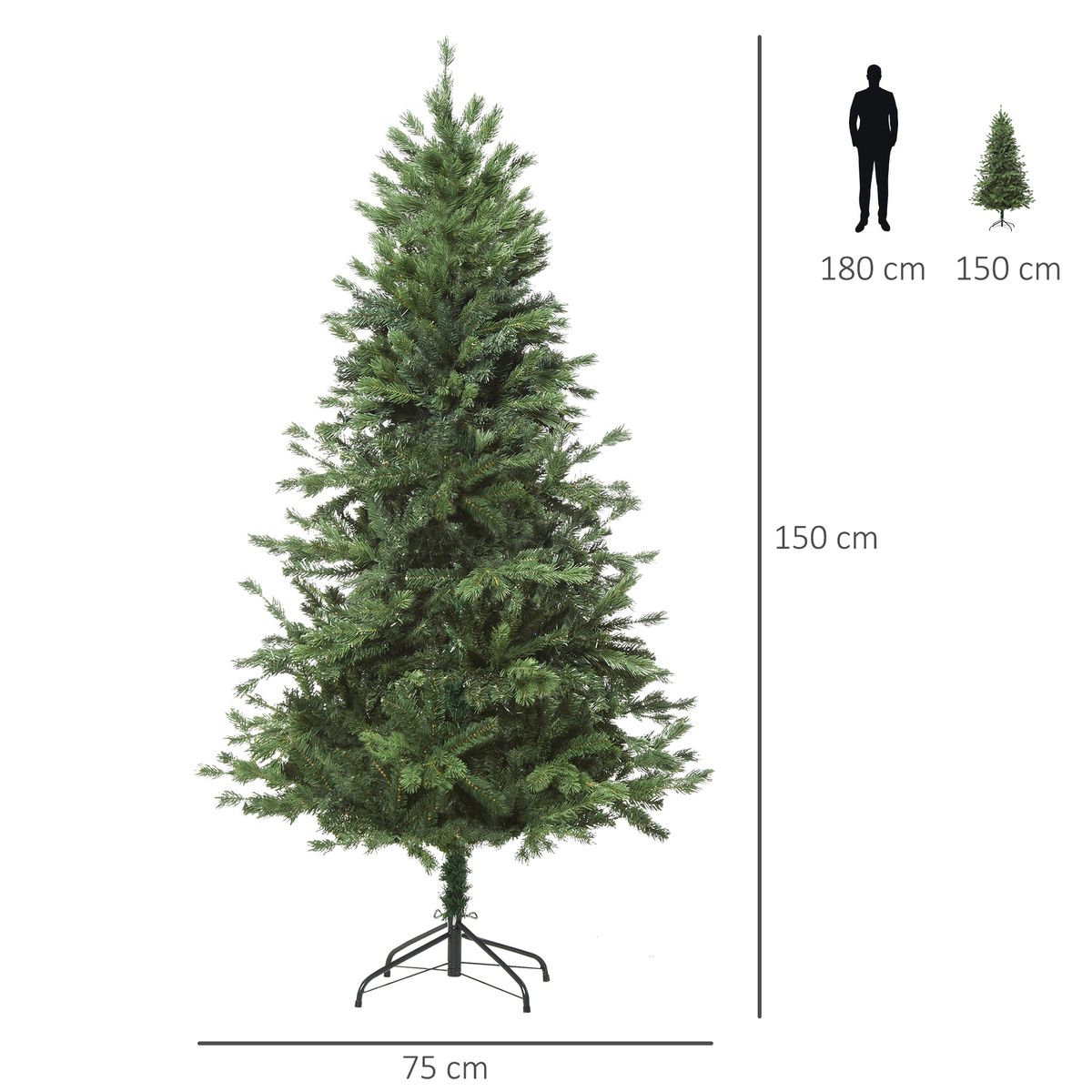 Árbol de Navidad Homcom 440 ramas base plegable verde Ø75x150 cm medidas