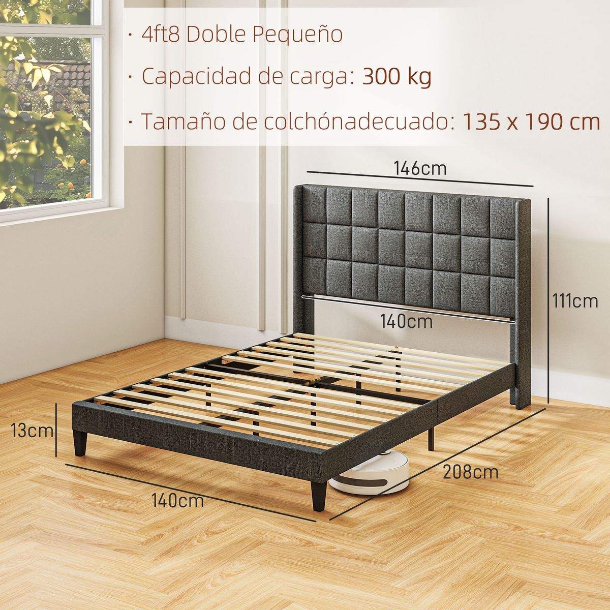 Estructura de cama Filo Homcom con cabecero gris 135x190 cm